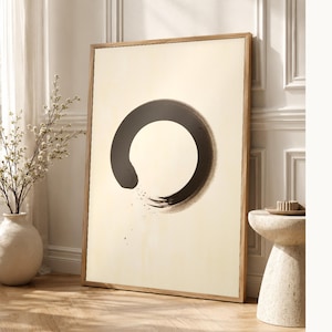 Charcoal Enso Zen Wall Art | Minimalist Ink Brush Circle Poster | Black Cream Meditation Print image 1