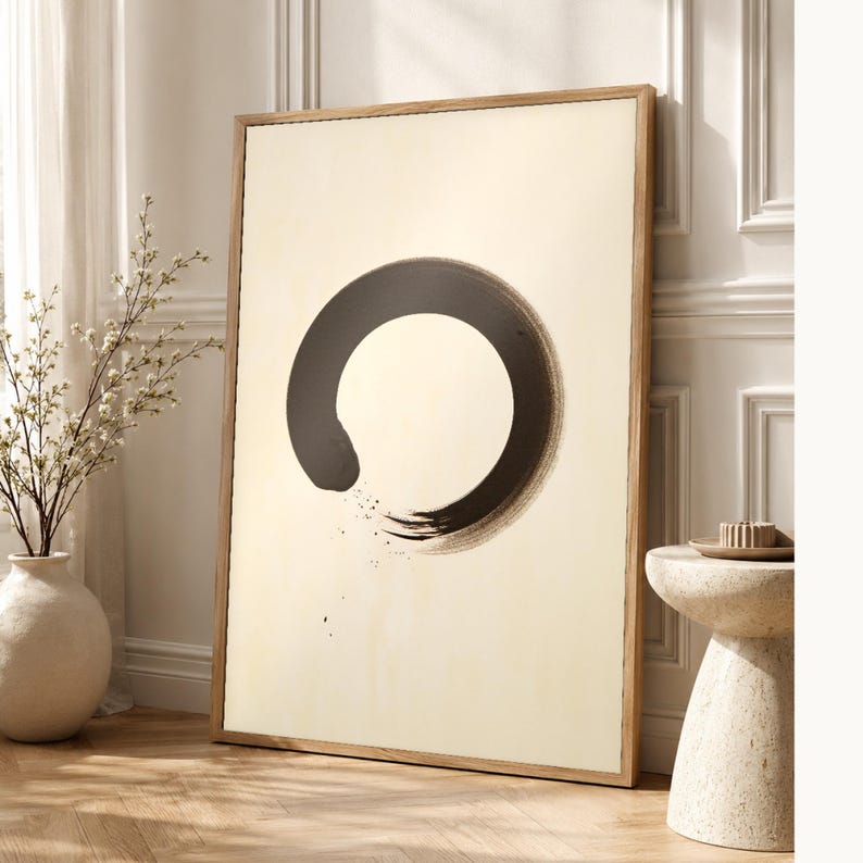 Charcoal Enso Zen Wall Art | Minimalist Ink Brush Circle Poster | Black Cream Meditation Print image 1