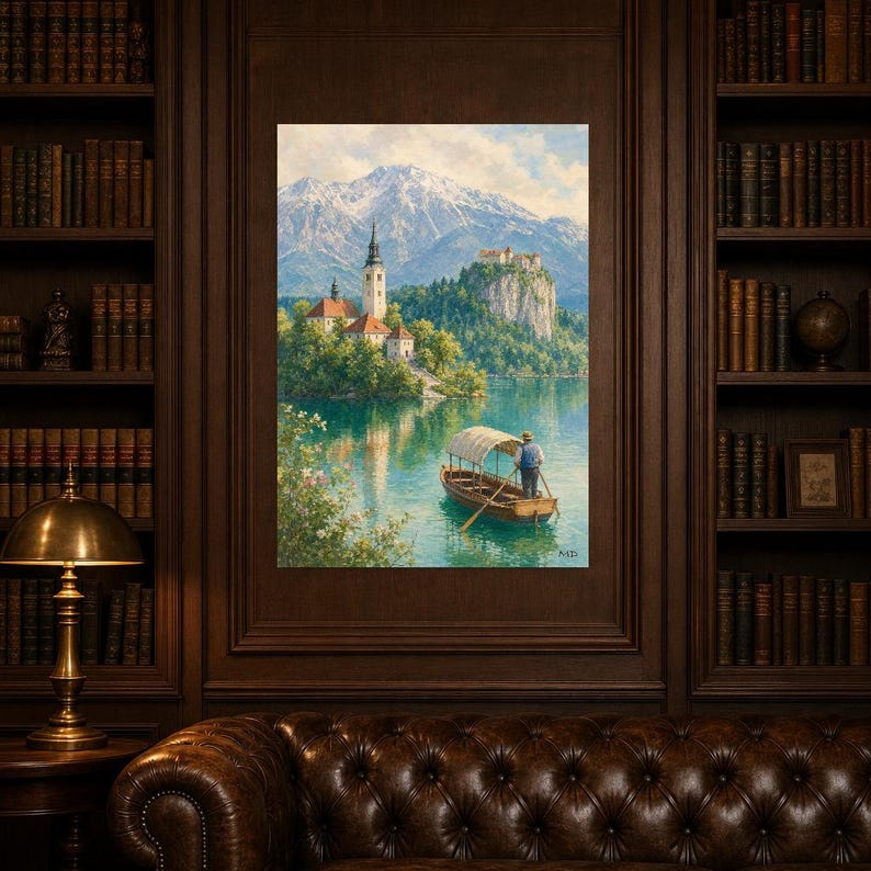 Lake Bled Travel Poster | Soft Painting Slovenia Wall Art | Alpine Island Church Print | Printed & Shipped image 5