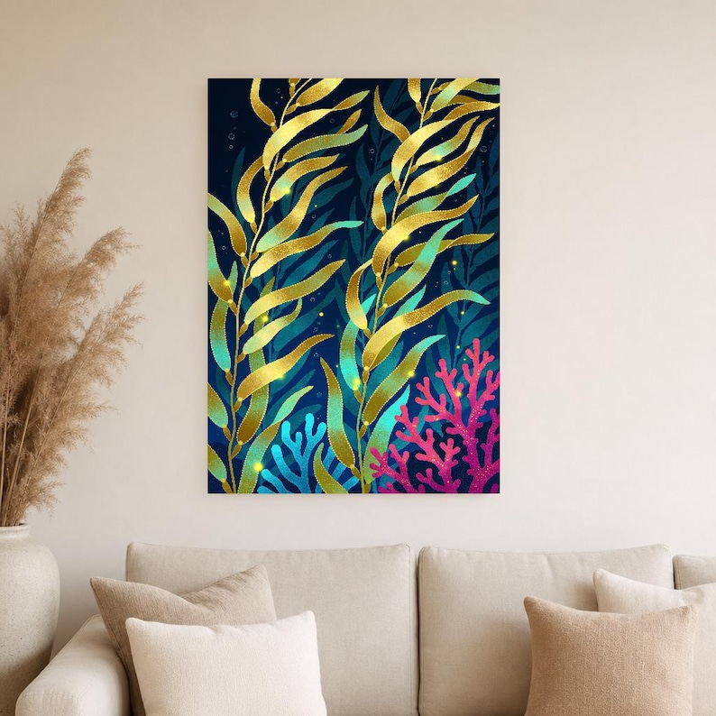 Bioluminescent Kelp Forest Poster | Deep Sea Ocean Bathroom Wall Art Print | Dark Coastal Night Print image 2