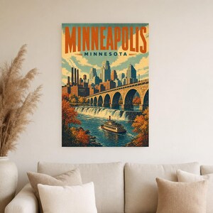 Minneapolis Travel Poster | Vintage Stone Arch Bridge Print | Minnesota Wall Art Print | Mid Century City Decor image 3