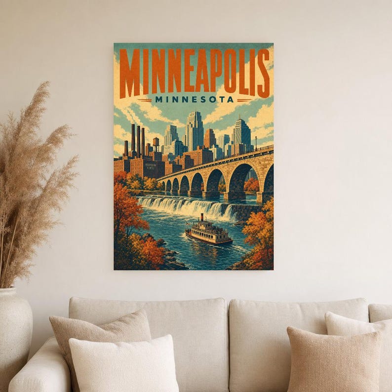 Minneapolis Travel Poster | Vintage Stone Arch Bridge Print | Minnesota Wall Art Print | Mid Century City Decor image 3