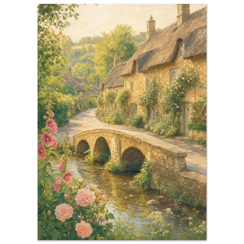 Reiseposter Cotswolds | Wandbild „Weiche Malerei England“ | Kunstdruck eines englischen Dorfhauses | Gedruckt & Versand 50x70 cm / 20x28″