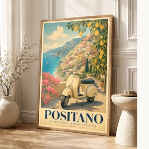 Positano Vespa Wandkunst | Italienisches Riviera-Reiseplakat | Amalfiküste Druck | Vintage Dolce Vita Roller Kunst | Mediterranes Dekor Bild 1
