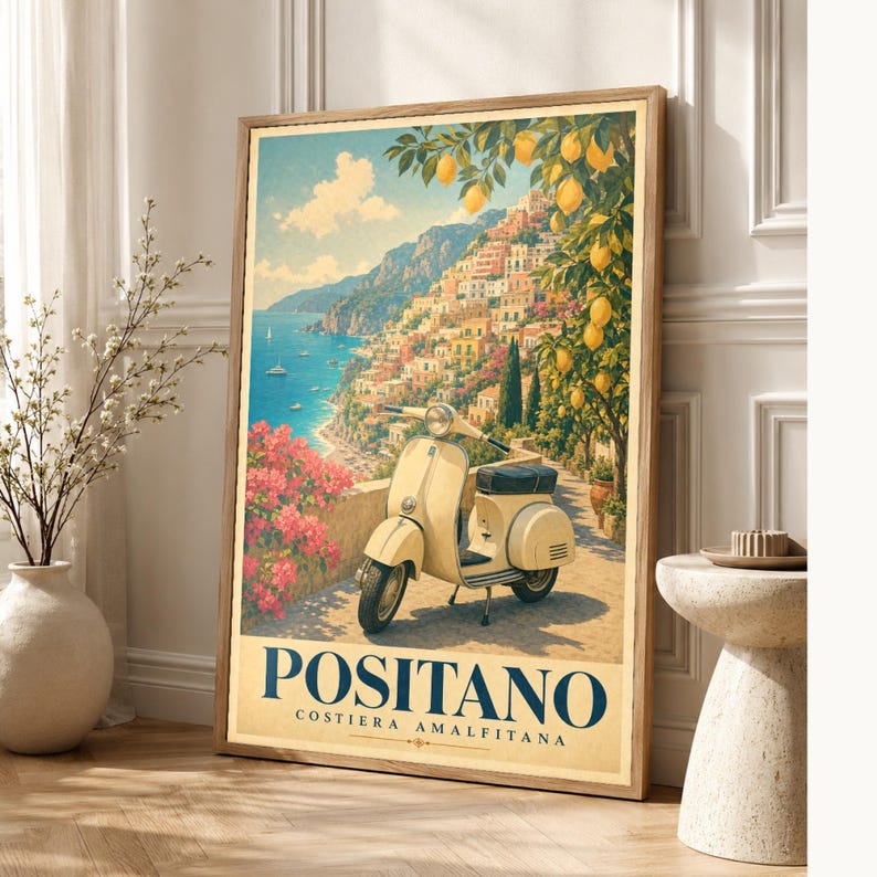 Positano Vespa Wandkunst | Italienisches Riviera-Reiseplakat | Amalfiküste Druck | Vintage Dolce Vita Roller Kunst | Mediterranes Dekor Bild 1