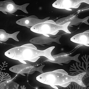 Bioluminescent Fish Shoal Poster | Deep Sea Ocean Bathroom Wall Art Print | Dark Coastal Night Print image 17