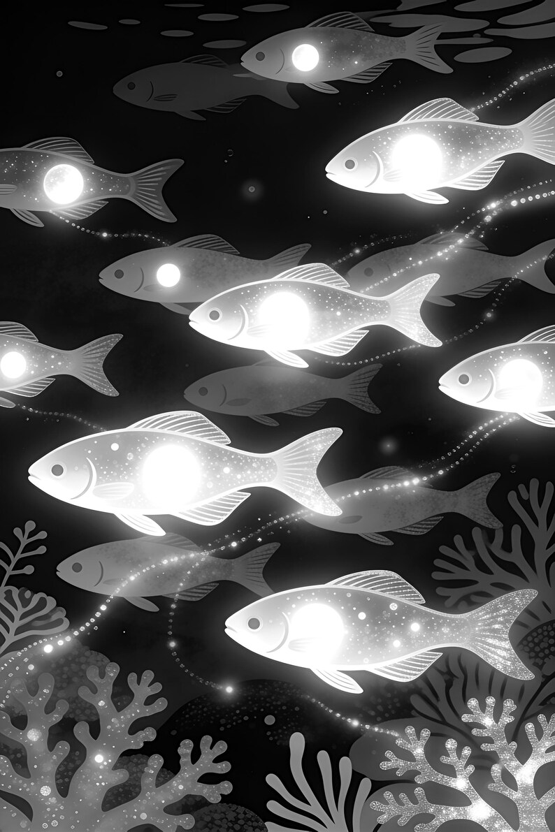 Bioluminescent Fish Shoal Poster | Deep Sea Ocean Bathroom Wall Art Print | Dark Coastal Night Print image 17