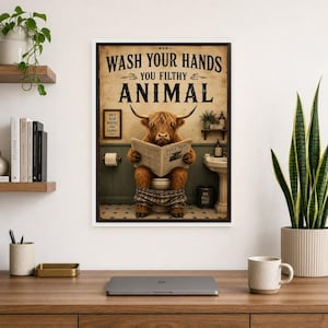 Funny Highland Cow Bathroom Wall Art Print | Wash Your Hands Poster | Vintage Farmhouse Bathroom Print image 8