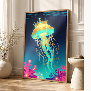 Bioluminescent Jellyfish Poster | Deep Sea Ocean Bathroom Wall Art Print | Dark Coastal Night Print image 1