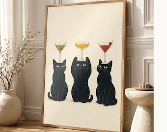 Arte de pared de cóctel de gato negro | Póster Trío de Martini | Impresión del carrito de la barra | Decoración peculiar del salón Club Noir