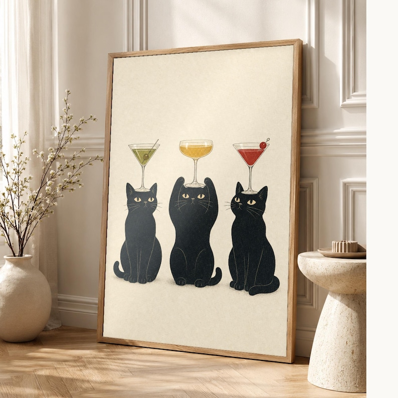 Black Cat Cocktail Wall Art Print | Martini Trio Poster | Bar Cart Print | Quirky Black Cat Club Lounge Decor image 1