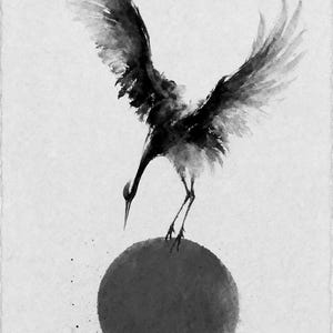Impresión de grúa de sol rojo Arte de pared japonés | Pájaro de tinta descendente | Decoración del cartel Zen Wabi Sabi imagen 10