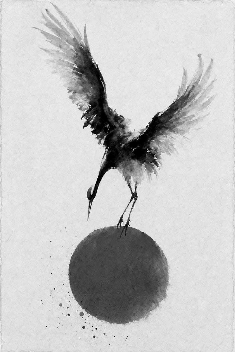 Impresión de grúa de sol rojo Arte de pared japonés | Pájaro de tinta descendente | Decoración del cartel Zen Wabi Sabi imagen 10