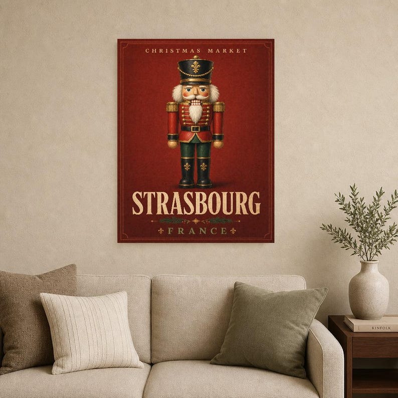 Cartel del cascanueces del mercado navideño de Estrasburgo | Arte de pared de vacaciones de Francia | Impresión navideña vintage | Decoració imagen 8