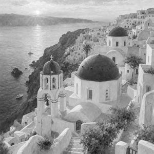 Póster de viaje de Santorini | Pintura suave para pared sobre Grecia | Lámina costera de las cúpulas azules de Oia | Impreso y enviado imagen 10