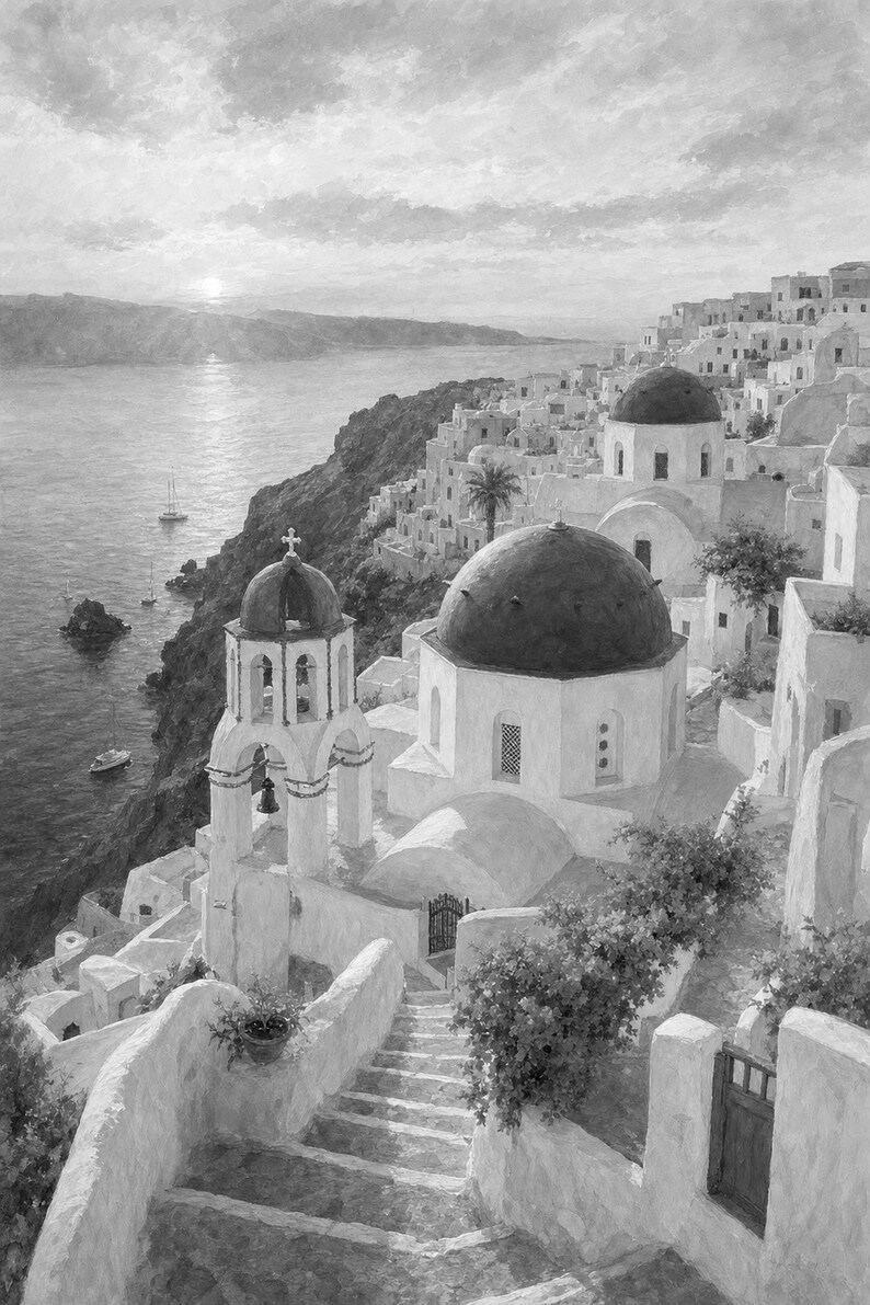 Póster de viaje de Santorini | Pintura suave para pared sobre Grecia | Lámina costera de las cúpulas azules de Oia | Impreso y enviado imagen 10