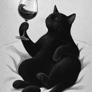 Schwarze Katze Wein Wandkunst | Rotweinglas Poster | Barwagen-Druck | Skurriles Noir Cat Club Küchendekor Bild 10