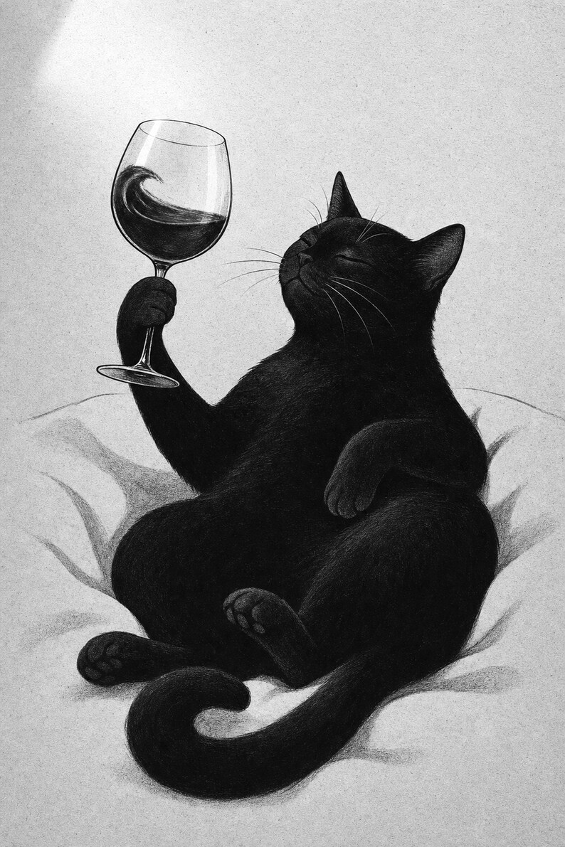 Schwarze Katze Wein Wandkunst | Rotweinglas Poster | Barwagen-Druck | Skurriles Noir Cat Club Küchendekor Bild 10