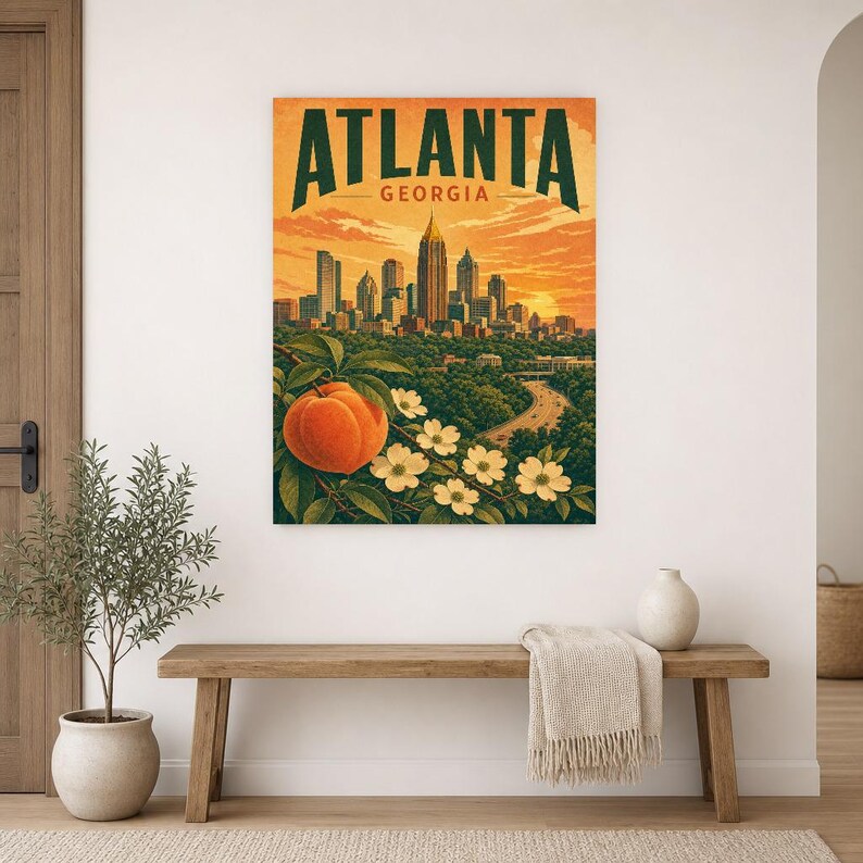 Pôster de viagem de Atlanta | Impressão vintage do horizonte da Geórgia | Arte de parede impressa da Geórgia | Decoração urbana de meados do século imagem 9
