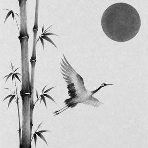 Red Sun Japandi Wall Art Print | Ink Crane and Bamboo | Sumi-e Wabi Sabi Living Room Print image 10