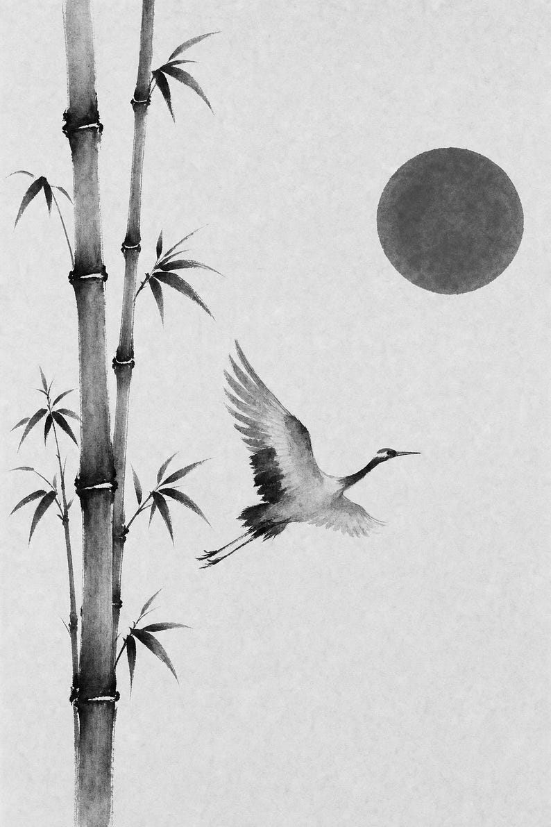 Red Sun Japandi Wall Art Print | Ink Crane and Bamboo | Sumi-e Wabi Sabi Living Room Print image 10