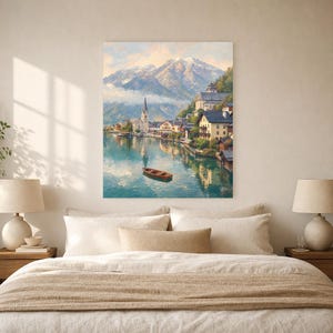 Póster de viaje de Hallstatt | Pintura suave para pared en Austria | Lámina de pueblo alpino junto al lago | Impreso y enviado imagen 6