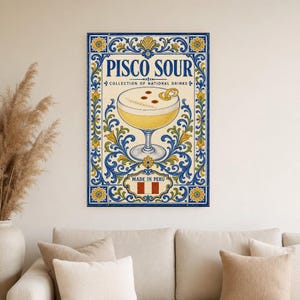 Pisco Sour Cocktail Tile Wall Art Print | Peru National Drink Poster | Azulejo Bar Cart Print | Maiolica Kitchen Decor image 4