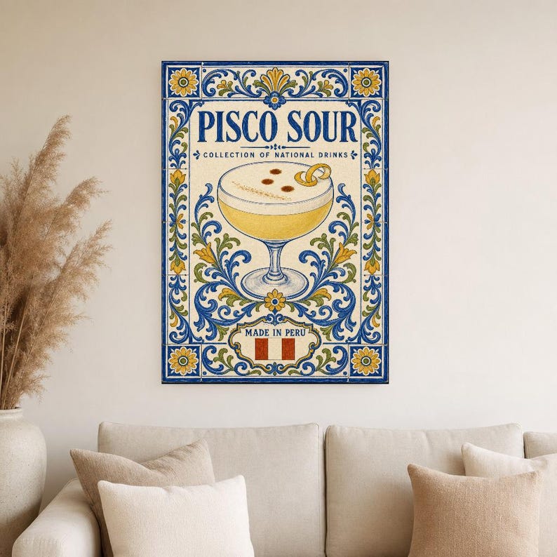 Pisco Sour Cocktail Tile Wall Art Print | Peru National Drink Poster | Azulejo Bar Cart Print | Maiolica Kitchen Decor image 4