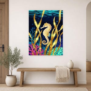Biolumineszierendes Seepferdchen-Poster | Tiefsee-Ozean-Badezimmer-Wandkunstdruck | Dunkler Küstennachtdruck Bild 16