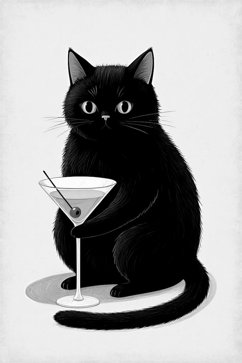 Black Cat Cocktail Wall Art | Funny Martini Bar Cart Poster | Retro Kitchen Bar Print image 10