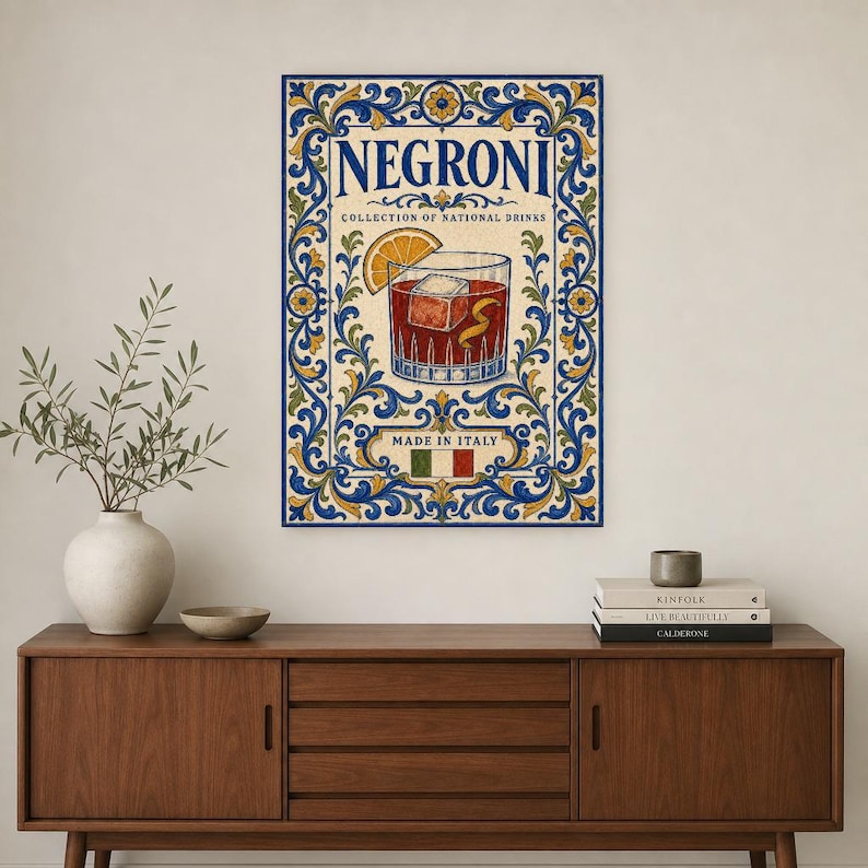 Negroni Cocktail Tile Wall Art Print | Italy National Drink Poster | Azulejo Bar Cart Print | Maiolica Kitchen Decor image 2