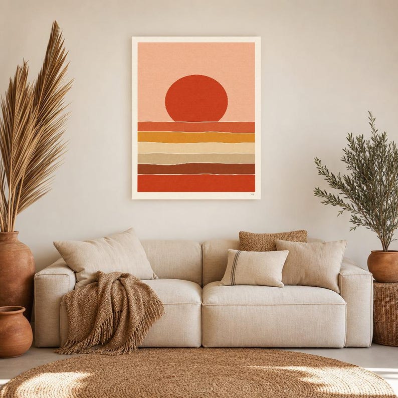 Väggkonsttryck med bränd röd sol i öknen | Minimalistisk terrakottaposter | Soltryck i papper från mitten av århundradet | Boho-inredning bild 7