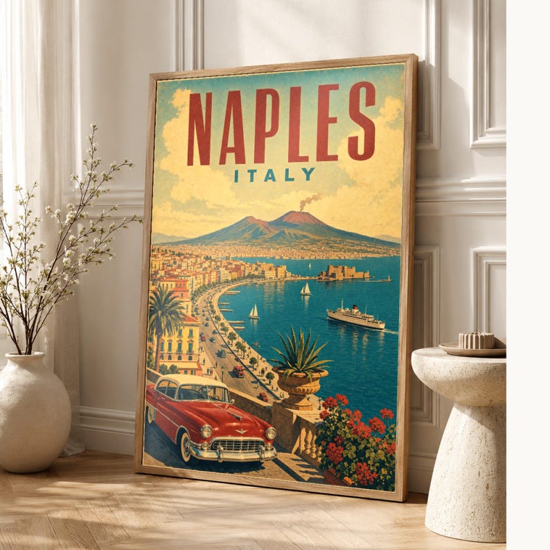 Naples Travel Poster | Vintage Vesuvius Print | Italian Wall Art | Printed & Shipped image 1