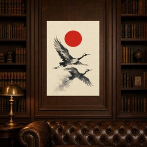 Impresión de grúa de sol rojo Arte de pared japonés | Dos grúas Sumi-e | Póster Dormitorio Wabi Sabi imagen 5
