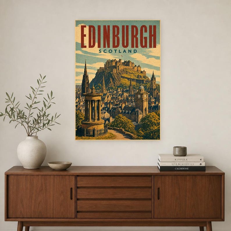 Plakat podróżniczy do Edynburga | Druk zamku w stylu vintage z lat 50. XX wieku | Reprodukcja ścienna w stylu retro Szkocji | Wystrój miasta zdjęcie 2