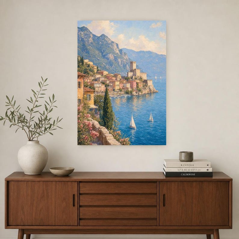 Lake Garda Travel Poster | Soft Painting Italy Wall Art | Italian Lake Malcesine Print | Printed & Shipped image 2