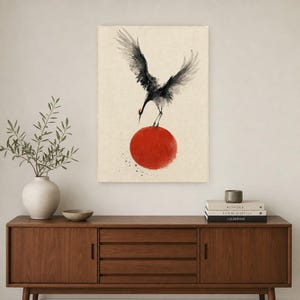 Impresión de grúa de sol rojo Arte de pared japonés | Pájaro de tinta descendente | Decoración del cartel Zen Wabi Sabi imagen 2