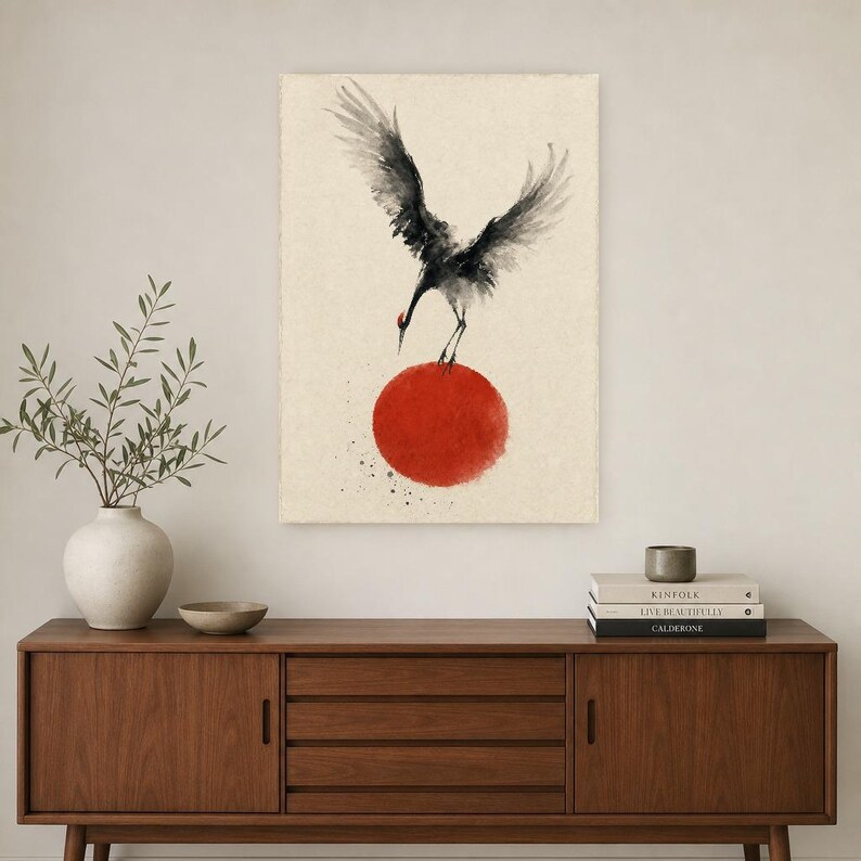 Impresión de grúa de sol rojo Arte de pared japonés | Pájaro de tinta descendente | Decoración del cartel Zen Wabi Sabi imagen 2