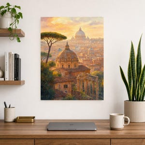 Rome Travel Poster | Soft Painting Italy Wall Art | Roman Rooftops Golden Hour Print | Printed & Shipped image 8