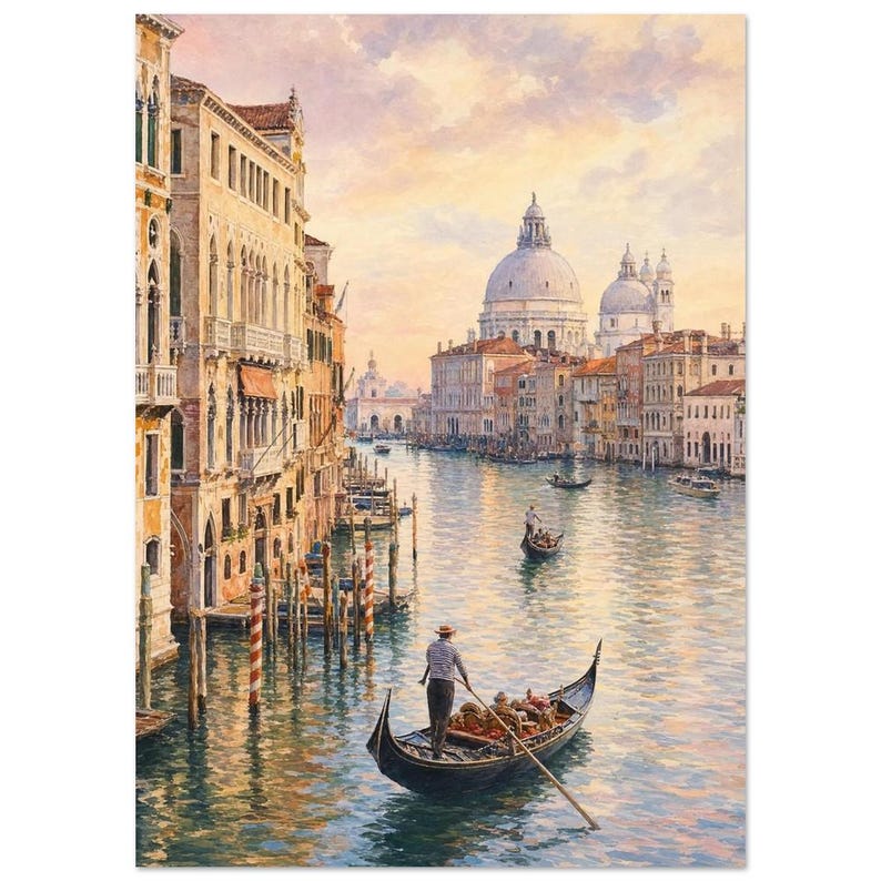 Venice Travel Poster | Soft Painting Italy Wall Art | Grand Canal Gondola Coastal Print | Printed & Shipped 50x70 cm / 20x28″