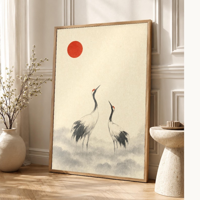 Red Sun Crane Japandi Wall Art Print | Ink Wash Pair in Mist | Wabi Sabi Hallway Poster Print image 1