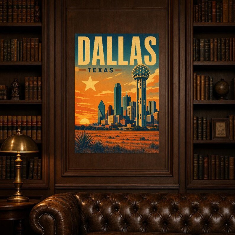 Dallas Travel Poster | Vintage Reunion Tower Skyline Print | Texas Wall Art Print | Mid Century City Decor image 4