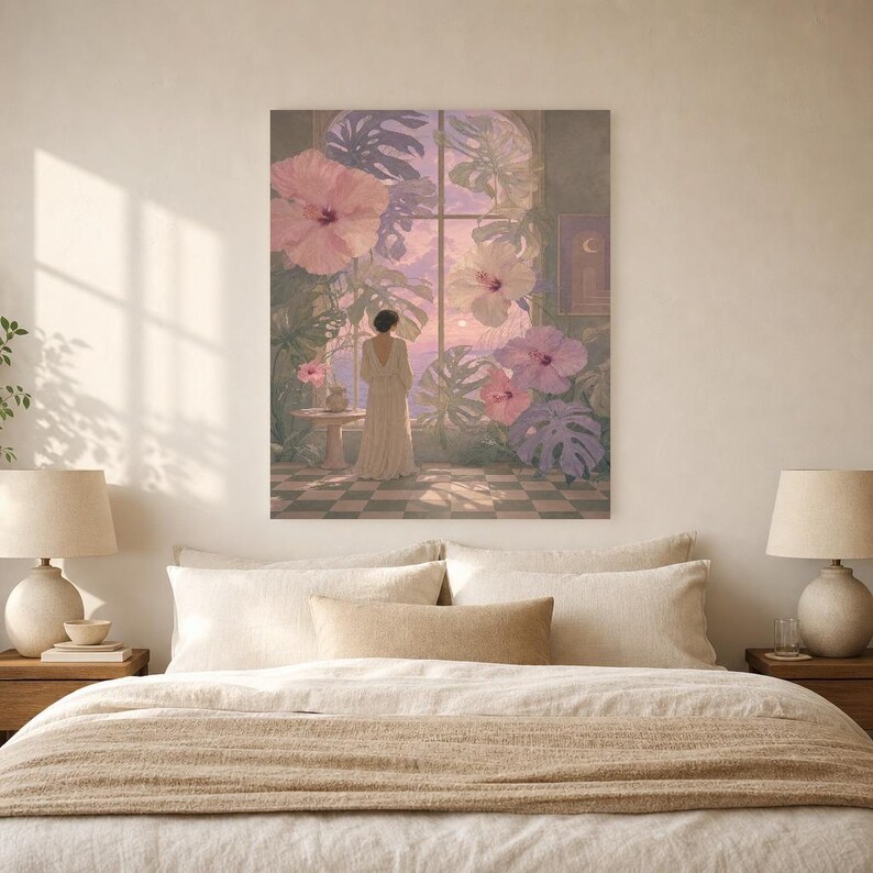 Surreal Botanical Wall Art Print | Dreamscape Flower Window Poster | Soft Surrealism Art | Pink Lavender Sage Wall Decor image 6
