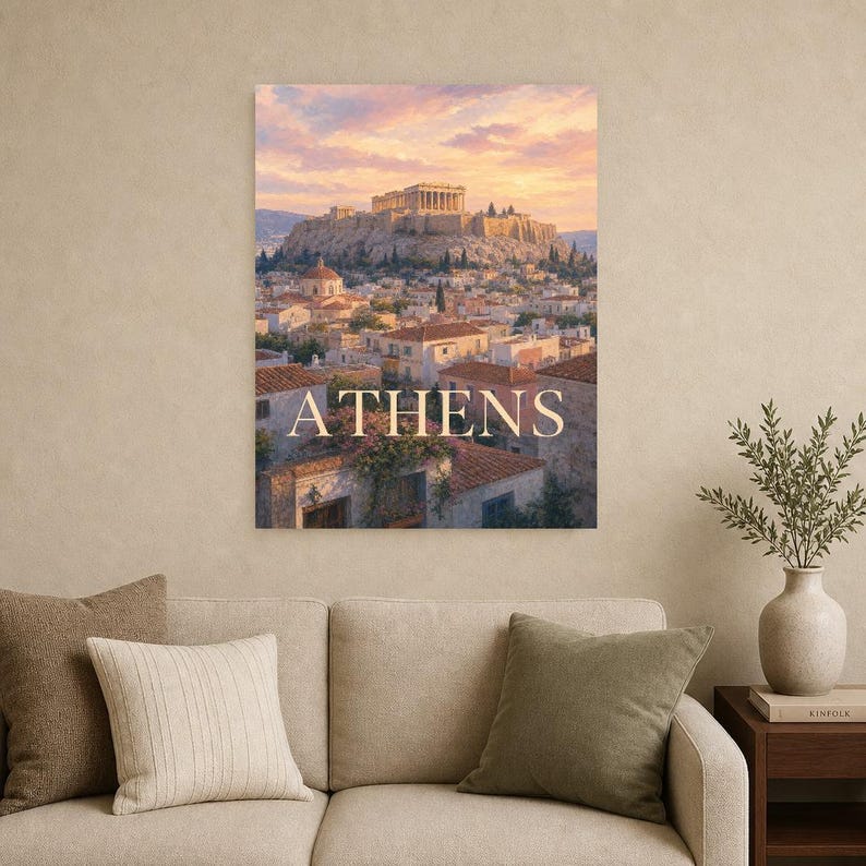 Reisposter Athene | Zachte schildering Griekenland Muurdecoratie | Kunstprint met stadsnaam | Gedrukt en verzonden afbeelding 9