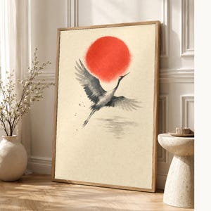 Red Sun Japandi Wall Art Print | Sumi-e Ink Crane Print | Wabi Sabi Living Room Poster image 1