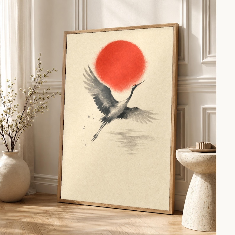 Red Sun Japandi Wall Art Print | Sumi-e Ink Crane Print | Wabi Sabi Living Room Poster image 1