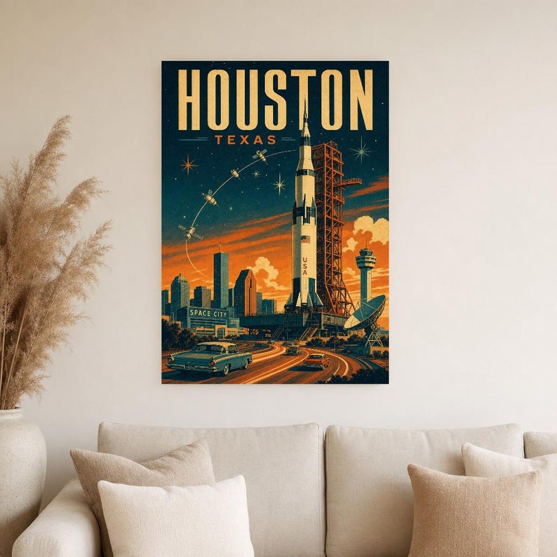 Houston Travel Poster | Vintage Space City Rocket Print | Texas Wall Art Print | Mid Century City Decor image 3
