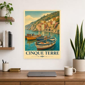 Cinque Terre Wall Art Print | Italian Fishing Boats Poster | Riviera Cove Travel Print | Vintage Dolce Vita Decor | Mediterranean Sea Art image 8