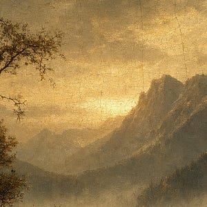 Moody Mountain Lake Rowboat Wall Art Print | Vintage Oil Painting Print | Misty Tonalist Landscape Decor | Ancient Dawn Poster image 3