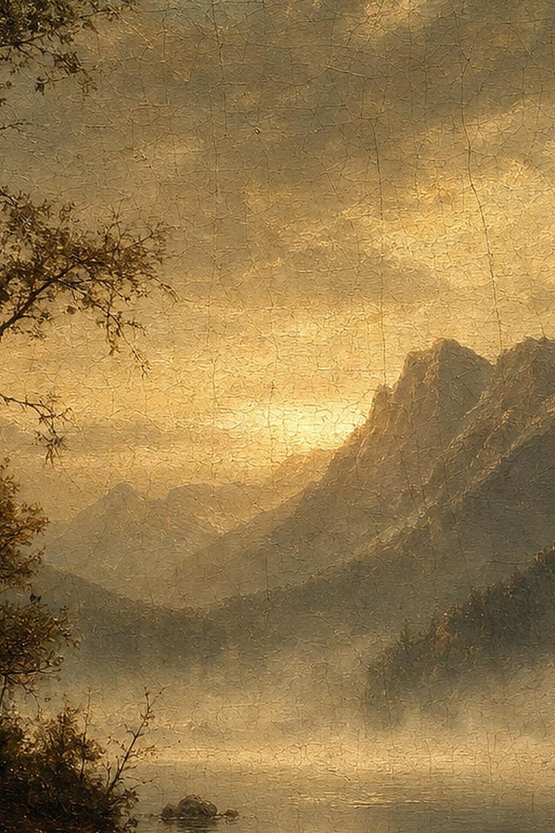 Moody Mountain Lake Rowboat Wall Art Print | Vintage Oil Painting Print | Misty Tonalist Landscape Decor | Ancient Dawn Poster image 3